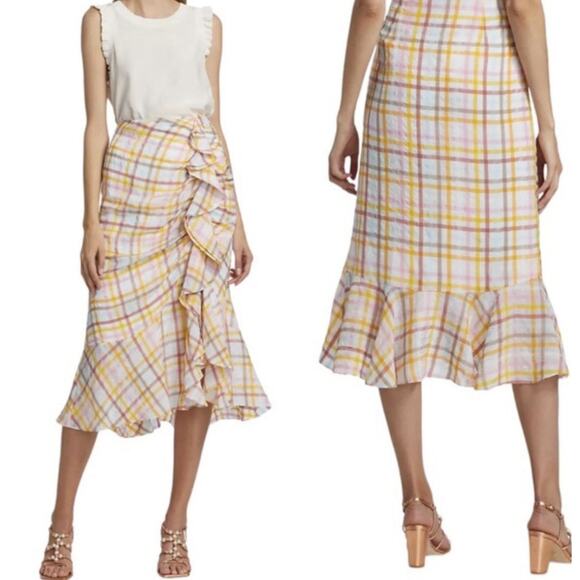 CINQ A SEPT Size 10 Patrice Plaide Ruched Ruffle Midi Skirt - Picture 3 of 7